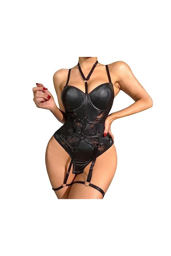 Lingerie Sexy Dentelle Cuir Onesie Femmes Lingerie Fantaisie Latex Onesie Femmes Lace Up Clothes-Black,M