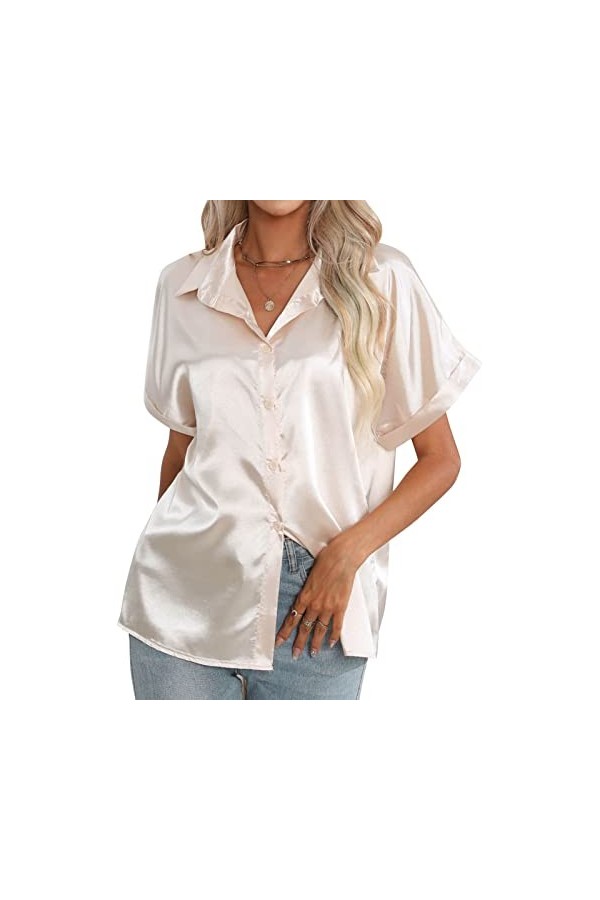Huairdum Chemise en Satin de Soie pour Femme, Manches Courtes Décontractées en Satin de Couleur Unie, Coupe Ample pour le Bur