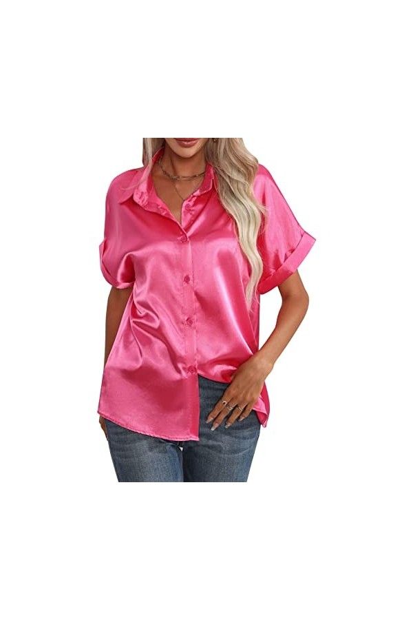 Huairdum Chemise en Satin de Soie pour Femme, Manches Courtes Décontractées en Satin de Couleur Unie, Coupe Ample pour le Bur