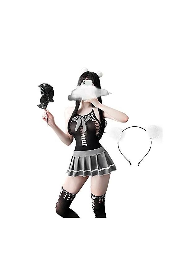 SINGUYUN Lolita – Tenue décolière sexy pour femme – Lingerie moulante en filet – Uniforme jupe plissée – Robe de costumade 