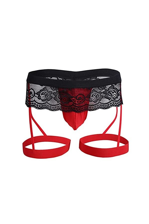 CABULE String sexy Sissy en dentelle pour homme avec pochette renforcée gay et sangle jock solide taille basse Tanga Hombre G