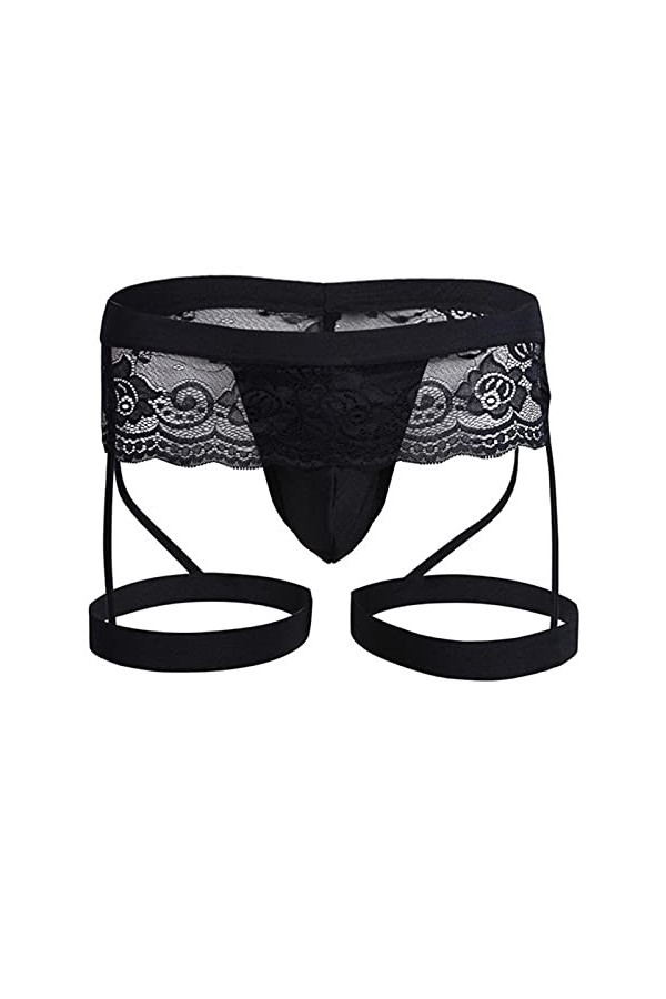 CABULE String sexy Sissy en dentelle pour homme avec pochette renforcée gay et sangle jock solide taille basse Tanga Hombre G