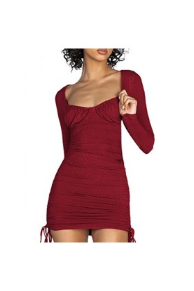MNRIUOCII Mini robe sexy à manches longues et col en V pour femme, rouge, S