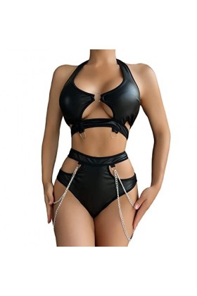 UOWEG sous-vêtements Amusants pour Femmes chaîne en Cuir PU sous-vêtements Amusants fendus Ensemble de Deux pièces avec Cou S
