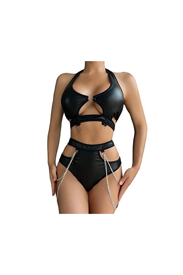 UOWEG sous-vêtements Amusants pour Femmes chaîne en Cuir PU sous-vêtements Amusants fendus Ensemble de Deux pièces avec Cou S
