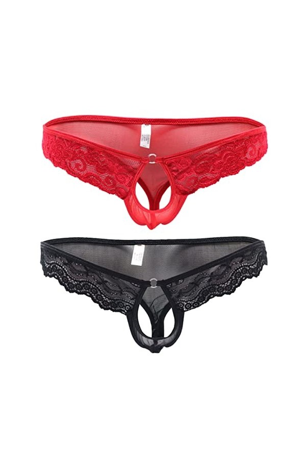 Mankini pour homme drôle et sexy - String en dentelle - Culotte triangle ouverte sur le devant - Sous-vêtements amusants, 2 p