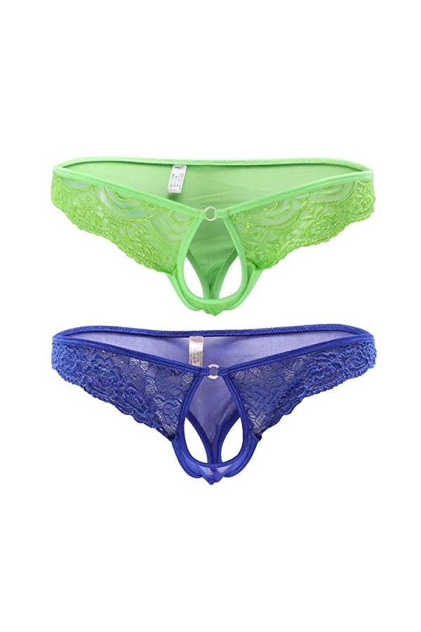 Mankini pour homme drôle et sexy - String en dentelle - Culotte triangle ouverte sur le devant - Sous-vêtements amusants, 2 p