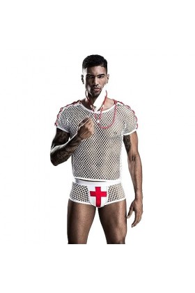 VêTements en Maille Et Dentelle Une PièCe en Soie Blanche pour Hommes,Costume De Lingerie Transparent,Uniforme De MéDecin Ten