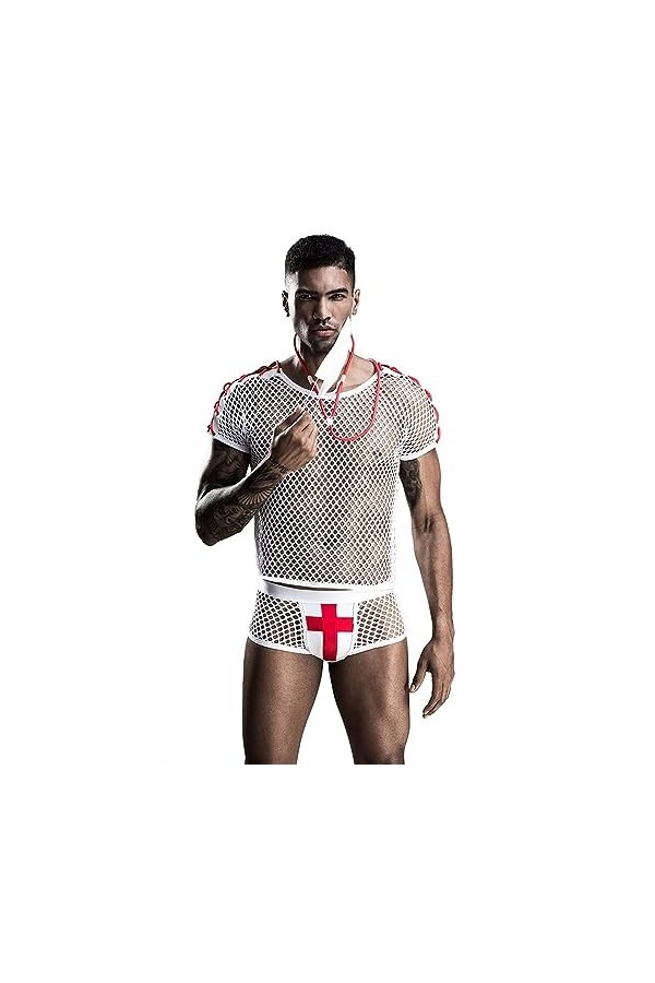 VêTements en Maille Et Dentelle Une PièCe en Soie Blanche pour Hommes,Costume De Lingerie Transparent,Uniforme De MéDecin Ten