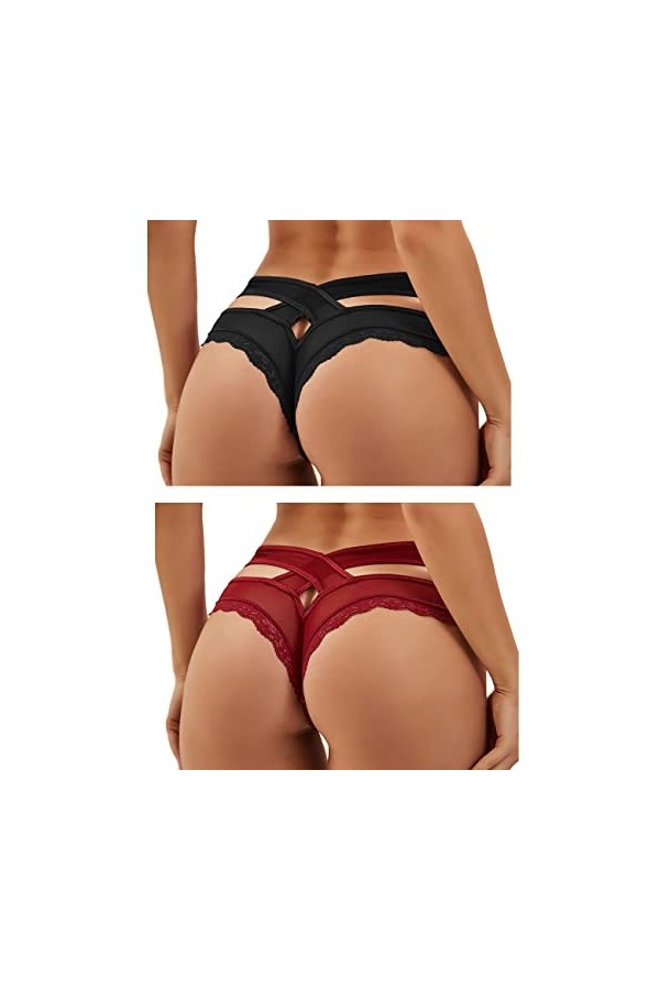 ohmydear String Sexy Tanga Femme Sexy Chic Dentelle String Culottes Slips Femmes Croisées Creux Out Entrejambe en Coton M-L T