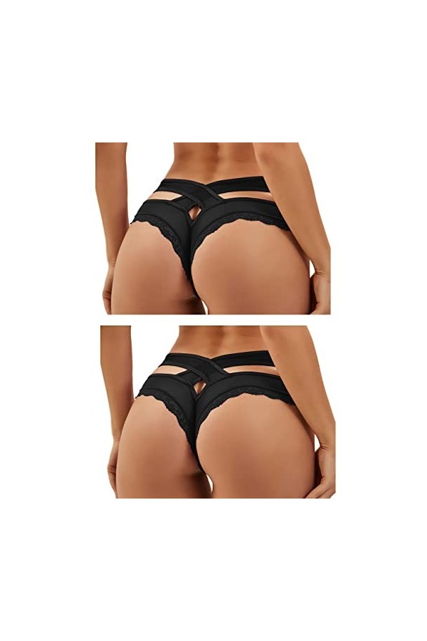 ohmydear String Sexy Tanga Femme Sexy Chic Dentelle String Culottes Slips Femmes Croisées Creux Out Entrejambe en Coton M-L T