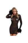 SHANHE Womens Sexy Party Clubwear Papillon Broderie Sheer Bodycon Dress See-Through Mesh Feather Cuff Manches Longues Dos Ouv