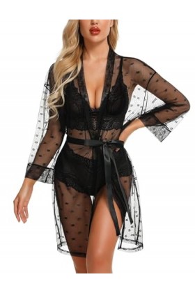 RSLOVE Ensemble de Lingerie Féminine Sexy Robe Kimono en Dentelle 3 Pièces avec Soutien-Gorge et Culotte Ensemble de Vêtement