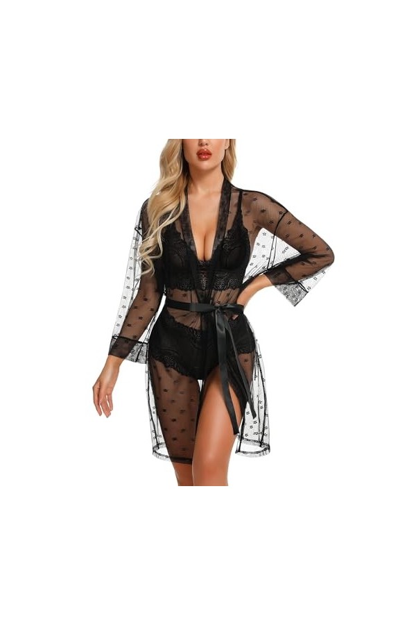 RSLOVE Ensemble de Lingerie Féminine Sexy Robe Kimono en Dentelle 3 Pièces avec Soutien-Gorge et Culotte Ensemble de Vêtement