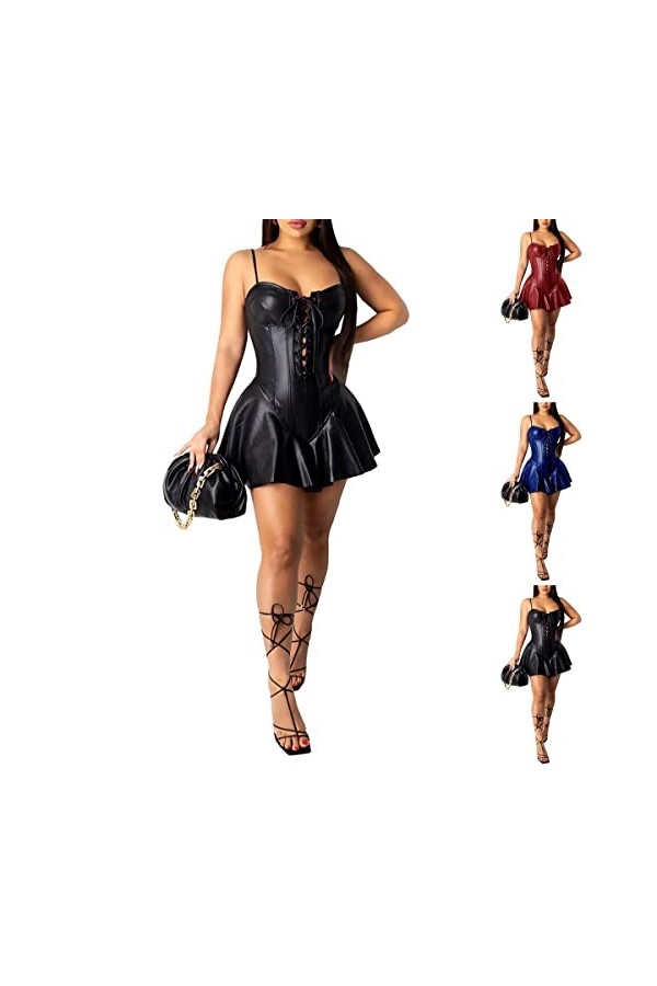 seiveini Robe Sexy en Cuir Femme Robe Latex Simili Mini Robe Moulante Col en V Clubwear Robe San Manche Robe de Club à Enfile