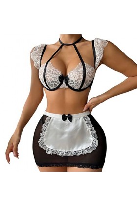 LKRSEEF Sexy Dress Femme Ecoliere Coquine Hot Ménage Soubrette Jeu Érotique Maid Lingerie Babydoll Pute Tablier Halloween Noë