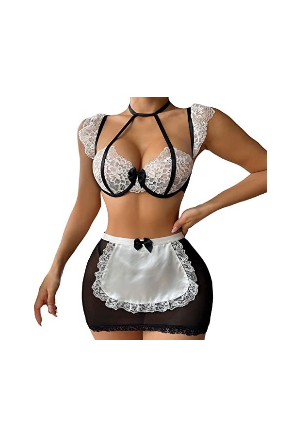 LKRSEEF Sexy Dress Femme Ecoliere Coquine Hot Ménage Soubrette Jeu Érotique Maid Lingerie Babydoll Pute Tablier Halloween Noë