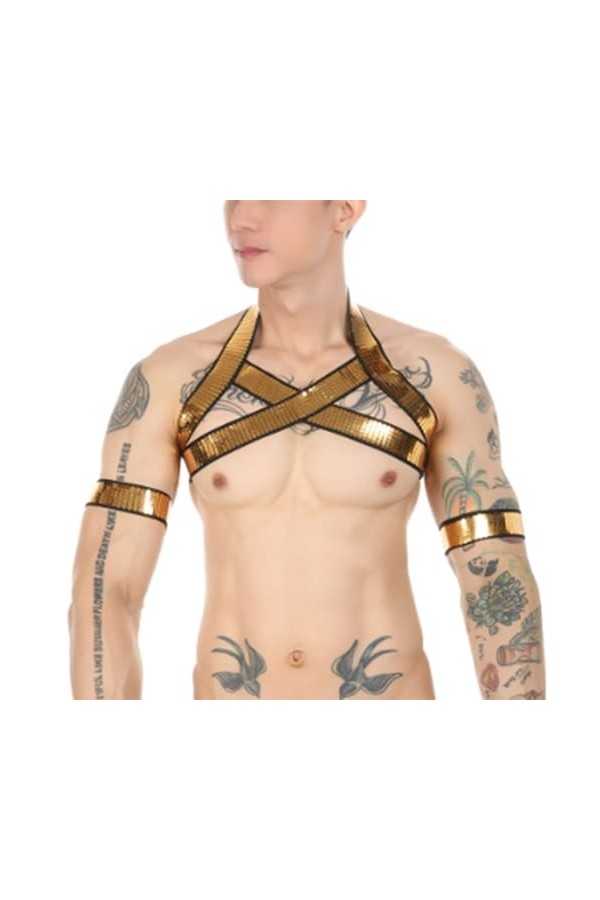 HSQSMWJ Harness Homme Lingerie Licou Cou Corps élastique Harnais Bandage Costume Tenu de Club Jeu de Rôle Color:Gold,Size:One