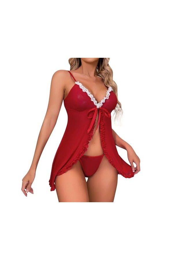 Fulidngzg Ensemble de lingerie pour femme - Jolie lingerie de Noël - Robe de Noël - Cosplay - Grandes tailles - Avec string -