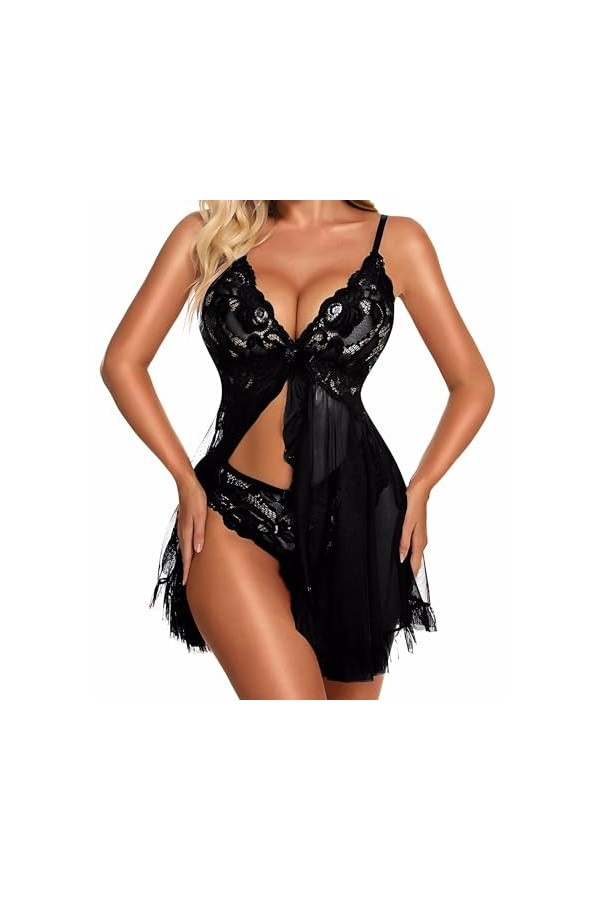 MZGN Nuisette Transparent Dentelle Lingerie Femme Sexy sous-vêtements Front Ouverte Babydoll Perspective Vetements de Nuit Bl