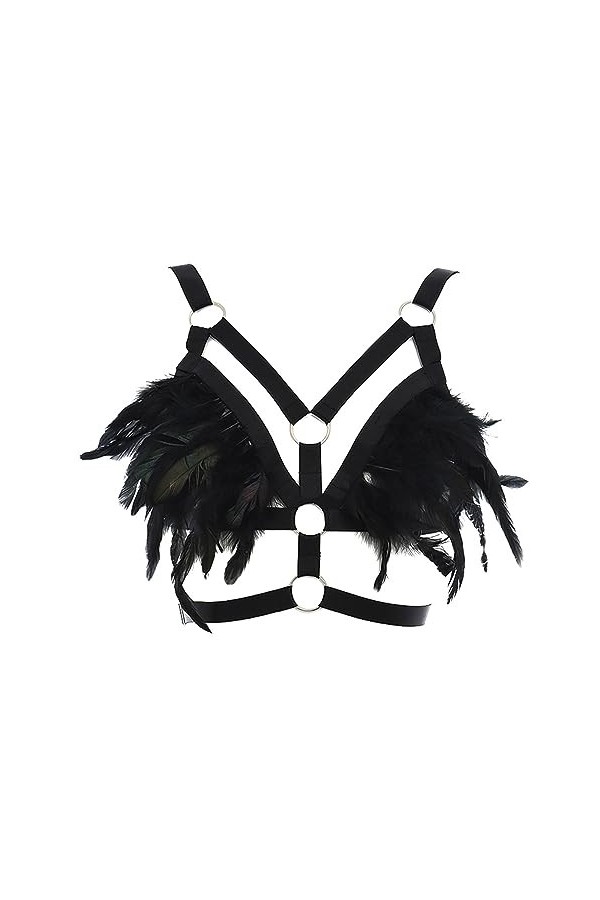 Soutien-gorge harnais à plumes pour femme - Gothique Punk - Rave - Brassière dHalloween - Costume sexy pour femme - Cosplay,