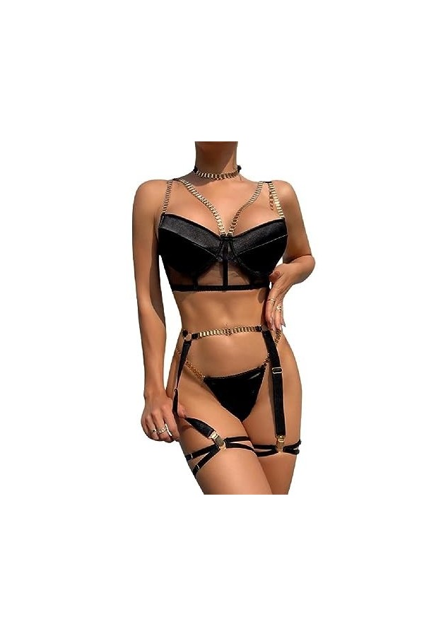 Lingerie pour Femmes avec Porte-Jarretelles Cou Soutien-Gorge Sexy Et Culotte Taches Body À Bretelles 5 Pièces Lingerie pour 