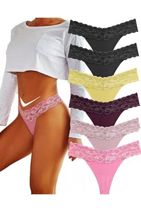 BeReady Lot de 6 string string pour femme - Sans couture - Dentelle - Sexy - Pour femme - Lingerie - Pantalon long - Plusieur