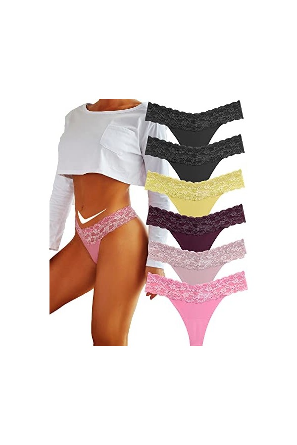 BeReady Lot de 6 string string pour femme - Sans couture - Dentelle - Sexy - Pour femme - Lingerie - Pantalon long - Plusieur
