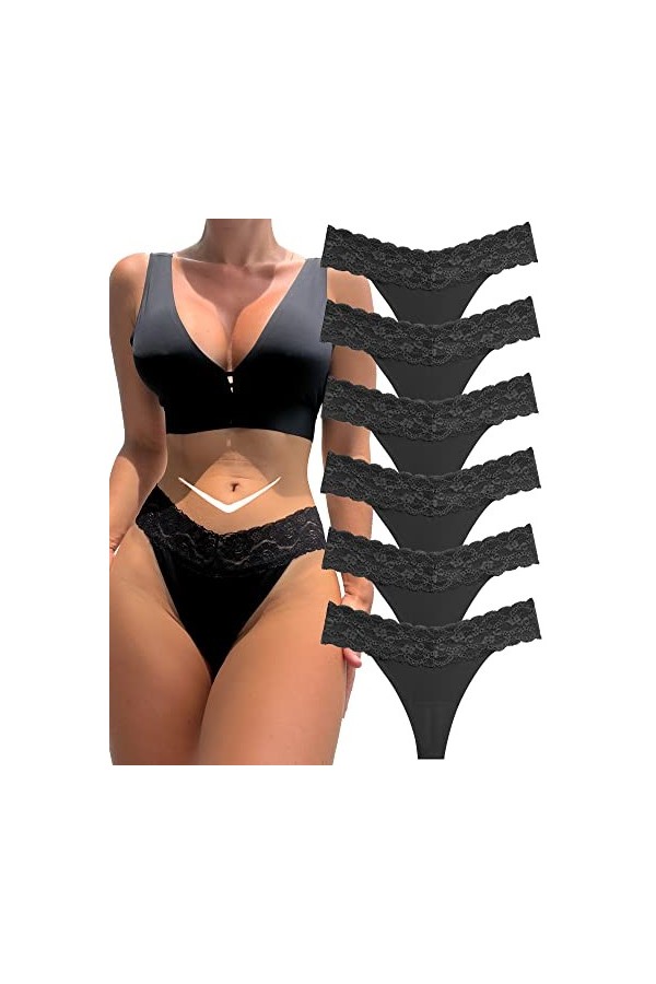 BeReady Lot de 6 string string pour femme - Sans couture - Dentelle - Sexy - Pour femme - Lingerie - Pantalon long - Plusieur