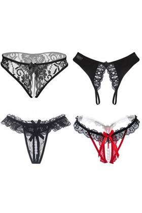 KHUFUZI Lot de 4 sous-vêtements sexy pour femme - Sous-vêtements en dentelle - Tangas - Culotte mignonne - String court - Cad