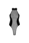 SHANHE Lingerie Femme Body Transparent O Cou Sans Manches Fermeture Éclair Justaucorps Évider Maille Patchwork Wet Look Cuir 