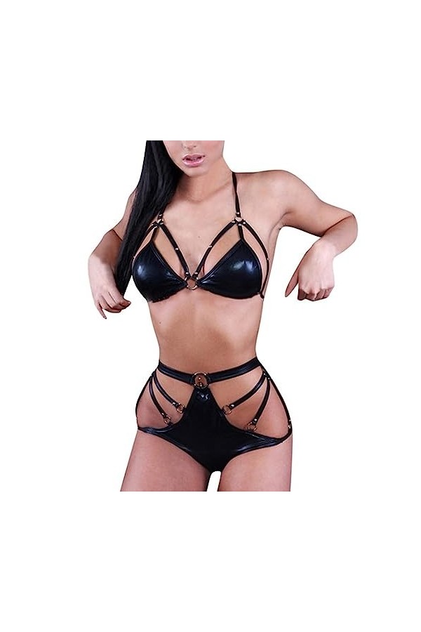 MENGQING Lingerie sexy en cuir noir deux pièces soutien-gorge push-up string ensemble de lingerie noir, XL