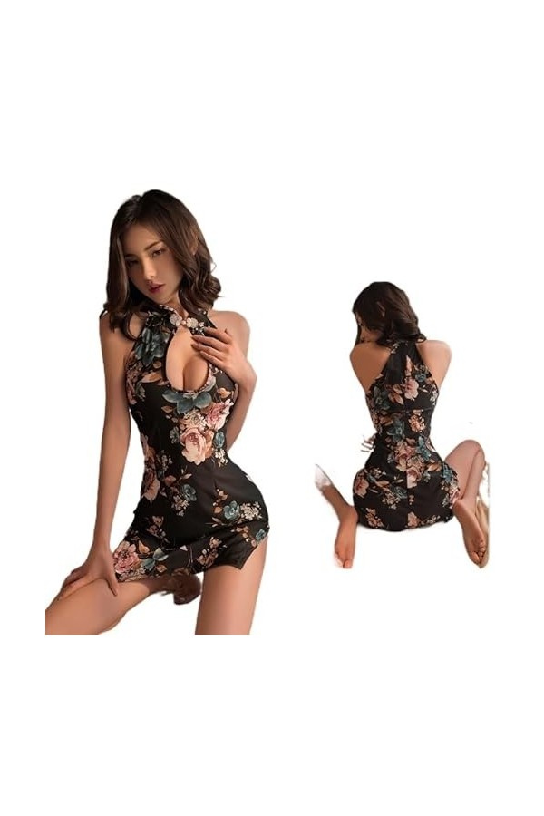 Sexy Fille Chaude rétro Impression Tentation Lingerie évider Sangle Dentelle Noire Cheongsam vêtements de Nuit Cosplay Unifor