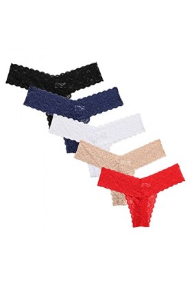 KOEMCY 5 Pièces String Femme Sexy Dentelle Tanga String sans Couture Culottes Taille Basse Transparent Thongs Slips Panti T-B