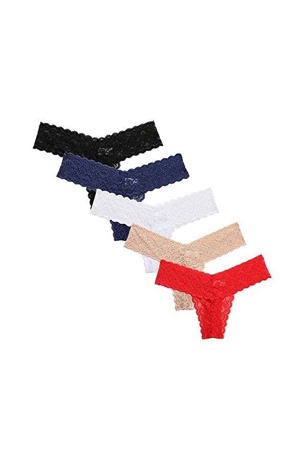 KOEMCY 5 Pièces String Femme Sexy Dentelle Tanga String sans Couture Culottes Taille Basse Transparent Thongs Slips Panti T-B