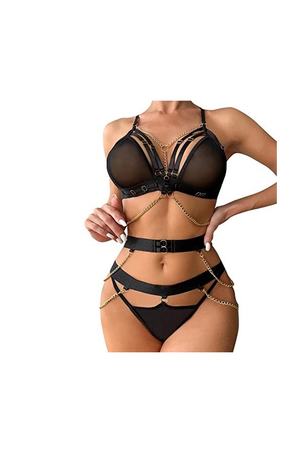 Ensemble Amusant de sous-vêtements Sexy pour Filles en Maille métallique avec chaîne en métal pour Femmes Lingerie Bride