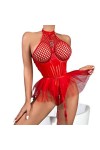 CABULE Filet de pêche Latex Body à Volants Jarretelles Halter Sexy Costume 2 Pièces Fermeture Éclair Ouverte Entrejambe Corps