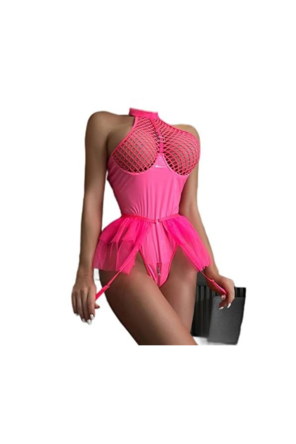 CABULE Filet de pêche Latex Body à Volants Jarretelles Halter Sexy Costume 2 Pièces Fermeture Éclair Ouverte Entrejambe Corps
