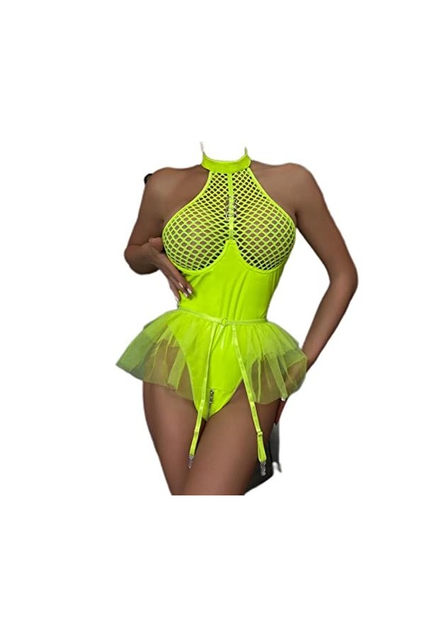 CABULE Filet de pêche Latex Body à Volants Jarretelles Halter Sexy Costume 2 Pièces Fermeture Éclair Ouverte Entrejambe Corps
