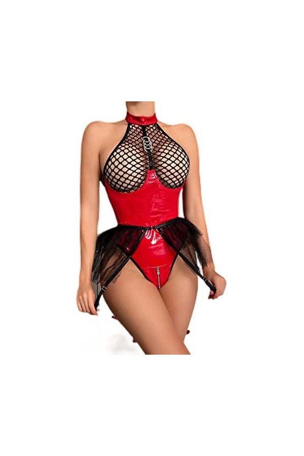 CABULE Filet de pêche Latex Body à Volants Jarretelles Halter Sexy Costume 2 Pièces Fermeture Éclair Ouverte Entrejambe Corps