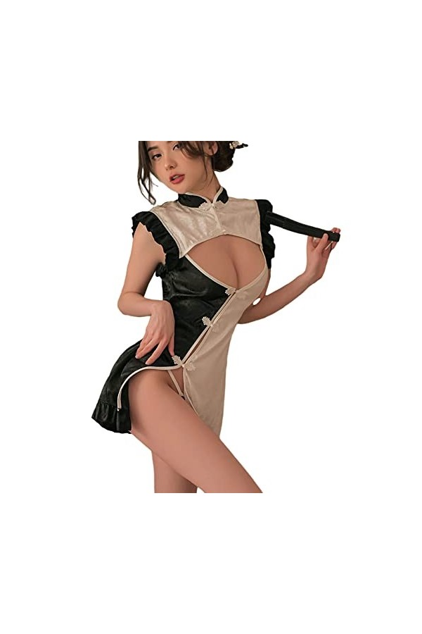 SINROYEE Lingerie sexy pour femme - Robe cheongsam chinoise dos nu pour cosplay, Halloween, punk, gothique, sorcière, démon 