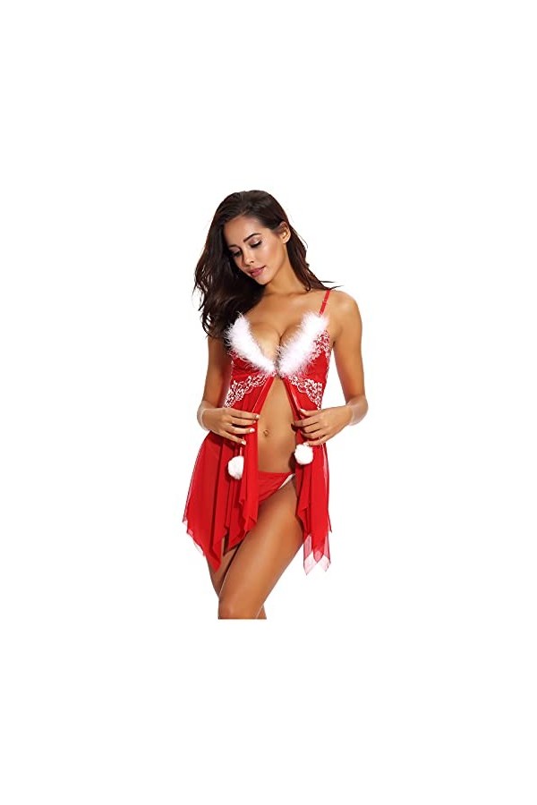 Fulidngzg Robe de Noël pour femme - Cosplay érotique - Tenue sexuelle - Lingerie de Noël XXL avec string - Ensemble de linger