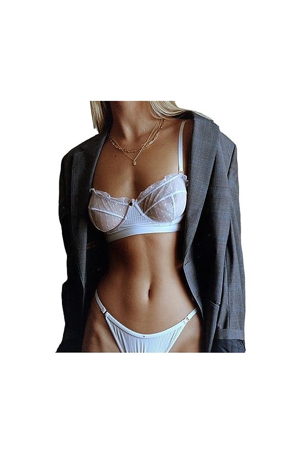Ouvrir lentrejambeEnsemble de Lingerie érotique Sexy en Maille lambrissée, Blanc, L