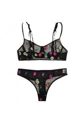 Costume de Femme de chambreSexy Mesh Pure Broderie Lingerie érotique à Trois Points, Noir, XL