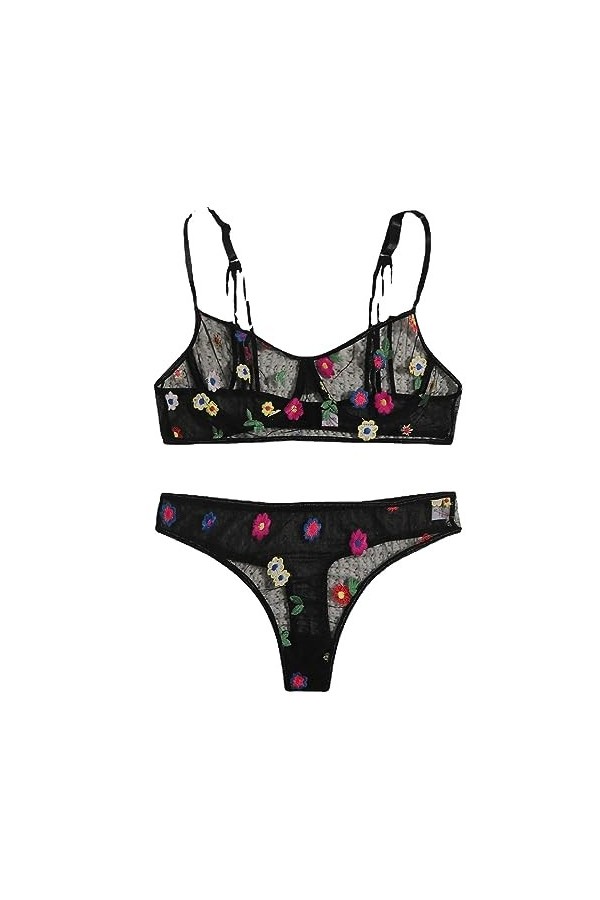 Costume de Femme de chambreSexy Mesh Pure Broderie Lingerie érotique à Trois Points, Noir, XL