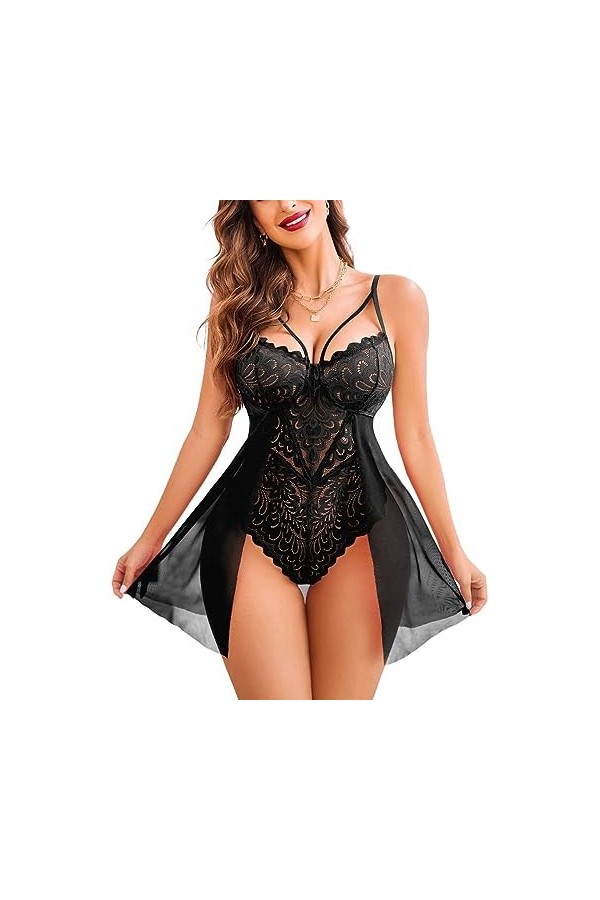 MiniSexy Sheer Bretelles Pyjama Lingerie érotique Strap Combinaison, 1, L