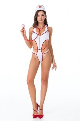 WEITING Sexy Lingerie Cosplay Maid Infirmière Uniforme Onesie-Blanc-M