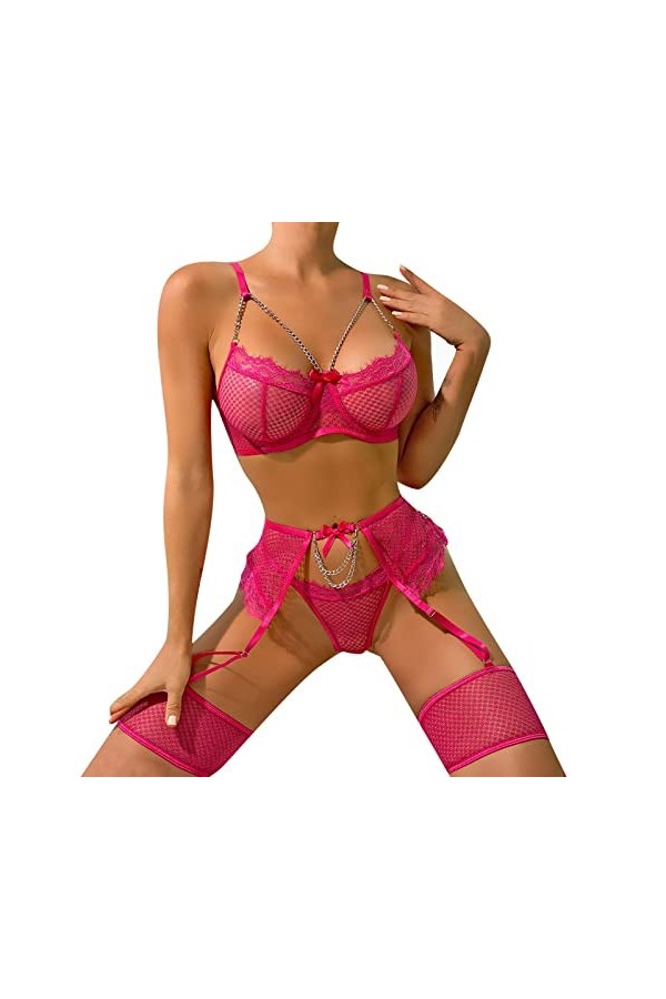 Viunychn Tenue sexy pour femme - Dentelle push-up - Rouge - Dentelle florale - Lingerie sexy - Pour femme - Body pour femme -