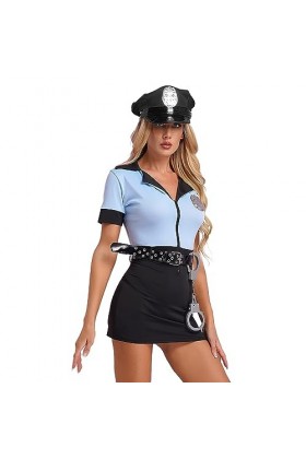 Kaerm Déguisement Policière Tenue Sexy Femme Robe Moulante Courte Avec Menottes avec Chapeau de Police S-XXL Bleu B XL