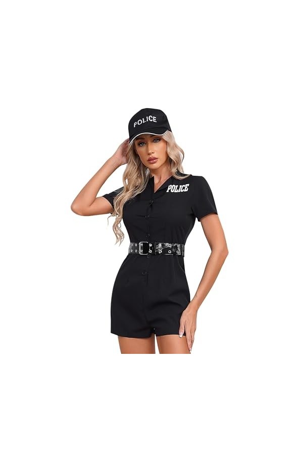 Aiihoo Déguisement Policière Femme Sexy Costume Tenue Erotique Mini Robe Courte Sexy Uniforme Cosplay Halloween Carnaval Noir